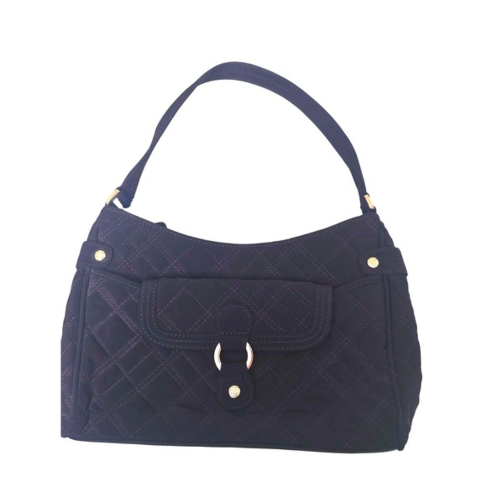 Vera Bradley Black Quilted Microfiber Shoulder Bag Hobo Handbag Silver Hardware